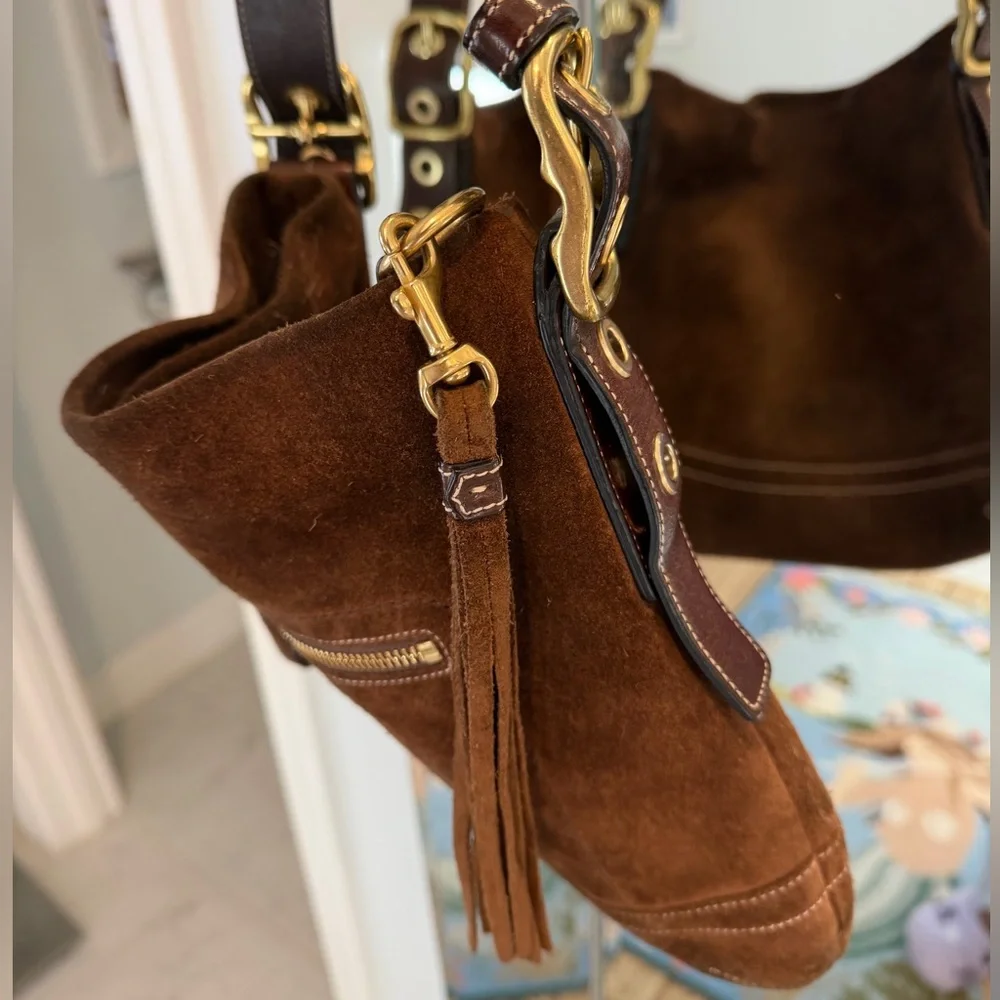 Coach Legacy Brown Suede adjustable strap crossbody shoulder Bag gold accents - Picture 10 of 13